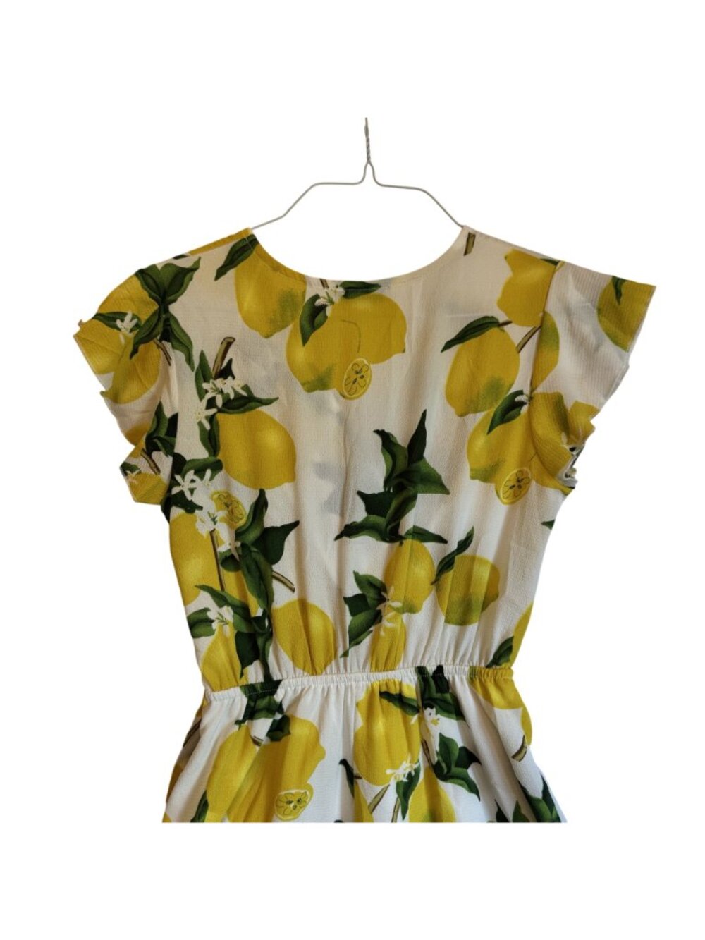 Dream Of Me Lemon Print High/Low Faux Wrap Dress Cap Sleeves Elastic Waist M - Picture 6 of 12